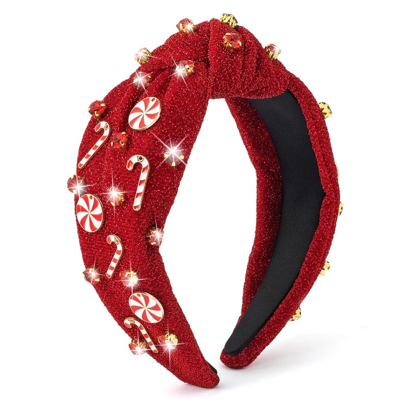 PANTIDE Christmas Jeweled Knotted Headband - Xmas Candy Cane Lollipop Rhinestone Crystal Embellished Headband Wide Top Knot Fashion Glitter Hairband Hair Accessories Birthday Gift for Women Girl (Red) - Image 1